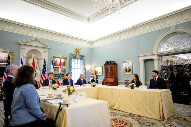 Secretary of State Marco Rubio, accompanied by US Ambassador to Lebanon Michel Issa (4th-R), Lebanese Ambassador to the US.